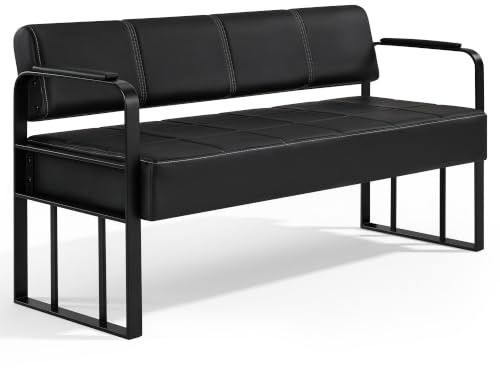 Barberpub 3-Sitzer Sitzbank mit Mattschwarzen Armlehnen, Polsterbank mit Rückenlehne, Sitzbreite 144cm, Wartebank Friseur, Wohnzimmerbank, Friseureinrichtung W528 (Schwarz/Kunstleder)