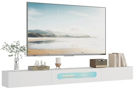 KEEPREAPER TV-Schrank 200cm Hochglanz Lowboard mit LED-Beleuchtung Weiß | Fernsehtisch hängend, Fernsehschrank mit Wasserwellenglas, für Fernseher bis zu 75 Zoll, für Wohnzimmer, 200 x 26 x 20cm