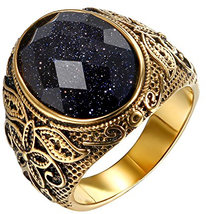 JewelryWe Schmuck Herrenring Siegelring Retro Blume geschnitzt Stein Biker Ring Lila Gold Edelstahl Fantasie Größe optional mit Geschenktasche, Edelstahl