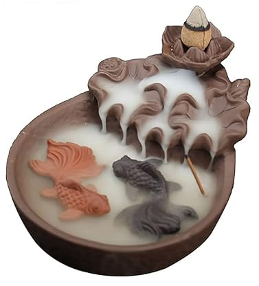 Brûleur d'encens en céramique avec cônes fait à la main en forme de mare avec poissons et lotus - Noir - 10,5 x 15 x 7 cm