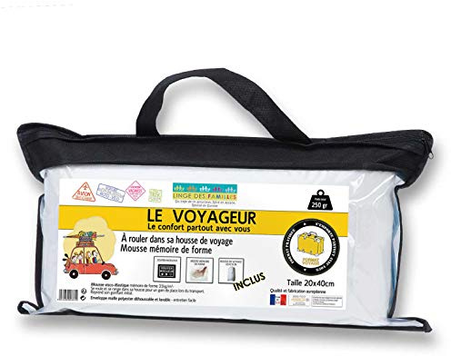 Linge des Familles - Oreiller de Voyage Mémoire de Forme 40x20 cm - Soutien Moelleux - Idéal en Train,Voiture, Avion, Camping - Petit Format - Léger - avec Housse de Rangement - Made in Europe