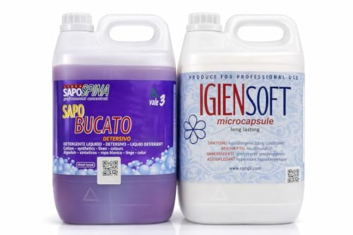 HOME PRO Igiensoft Ammorbidente Professionale Ipoallergenico con Microcapsule Igienizzanti,Sapo Bucato Detersivo Liquido Igienizzante Efficace Sulle Macchie 5+5KG