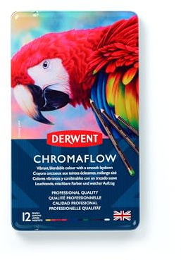 Derwent Chromaflow Set di 12 Matite con Corpo Rotondo da 3,5 mm, Nucleo Cremoso e Sfumabile, Adatto per Disegnare, Colorare e Stratificare