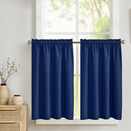 TOPICK Tende Passante tenda da bistrot Filtro della luce porta finestra balcone stile country roulotte corte rustiche soggiorno doccia tenda per interni 2 pezzi 90L x 90A cm, Blu