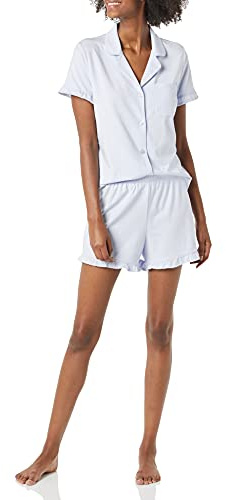 Amazon Essentials kvinnors bomull modal passpoal krage pyjamas set (finns i plusstorlek), Blekblå, S