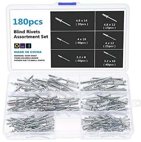 Gueenky 180 Stück Aluminium Nieten 3,2/4/4,8 mm, 6 Größen Blindnieten Set, Popnieten Sortiment mit Aufbewahrungsbox für Metall Holz Kunststoff