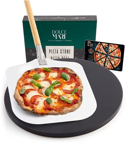 DOLCE MARE Piedra redonda para pizza & pala de aluminio - Piedra negra de cordierita de alta calidad apta para hornos y parrillas - Piedra para hacer pizza al estilo italiano - También para hacer pan