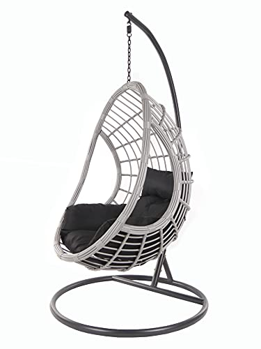 KIDEO® PALMANOVA großer Hängesessel inklusive Gestell und Kissen, Polyrattan, grau (Kissen: Nest schwarz [9999 Black])