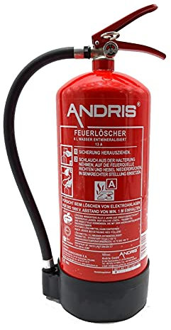Orig. ANDRIS® Wasser-Feuerlöscher 6L A mit Manometer inkl. Wandhalterung, Standfuß & ANDRIS® Prüfnachweis mit Jahresmarke, Normung MPA Dresden, EN3, CE, GS