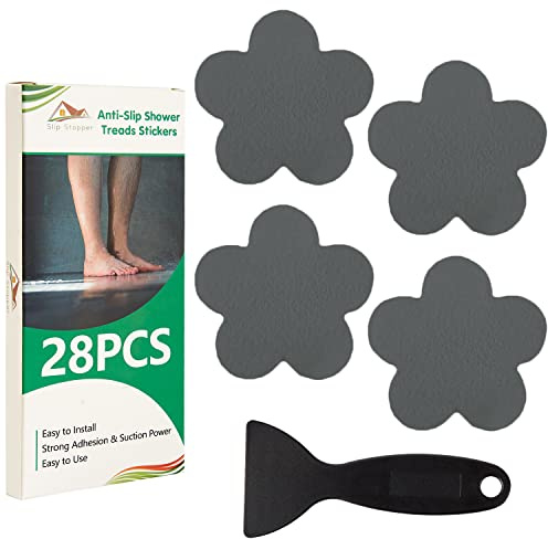 SlipStopper Non Slip Bathtub Stickers 28 PCS Adhesive Anti Slip Shower Stickers for Bath Tub Bathroom Stairs Flower-Stickers, Grey