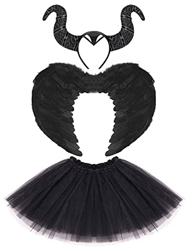 Costume d'ange et de diable pour enfant fille - Jupe tutu en tulle + ailes d'ange + bandeau d'ange Halo - Tenue de fée pour Halloween, Noël, carnaval, cosplay, sorcière noire 3 pièces, 2-12 ans