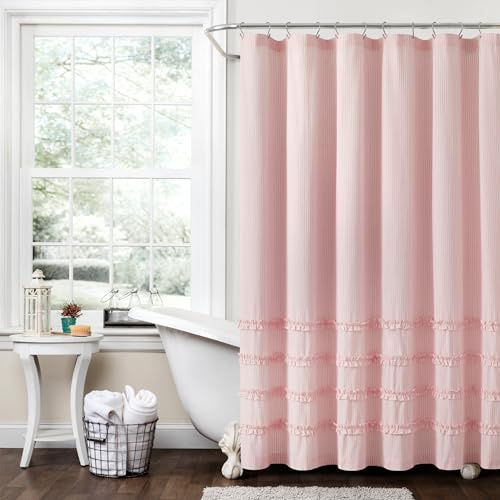 Lush Decor Vintage Stripe Yarn Dyed Cotton Shower Curtain, 72 x 72, Pink