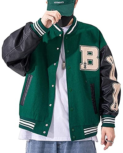 Moshtashio Giacca Uomo da Baseball Varsity Jacket Vintage Cappotto Unisex Lettera Felpa Motociclista Giubbotto da Coppia (Verde, XS)