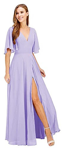 YIANN V cuello largo vestidos de dama de honor con hendidura gasa una línea de manga corta vestidos de baile con bolsillos yia024, Lila, 36