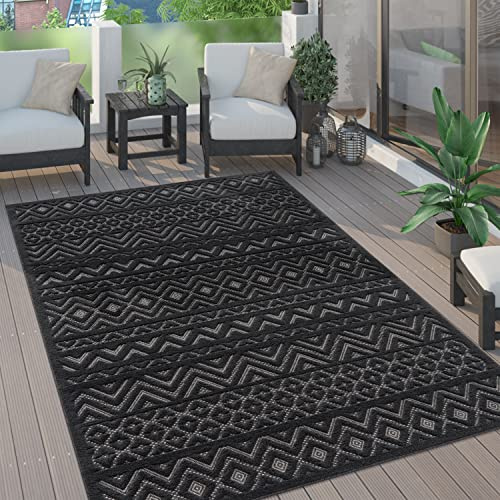 Paco Home Outdoor Teppich wetterfest & langlebig Moderne Boho-Designs mit 3D-Effekt Skandi-Look UV-beständig & robust für Balkon, Garten, Wohnzimmer & Küche, Grösse:80x250 cm, Farbe:Anthrazit