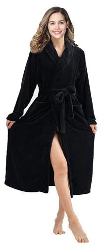 RONGTAI Fleece Robes for Women Plush Soft Warm Long Bathrobe with Pockets (Large,Black)