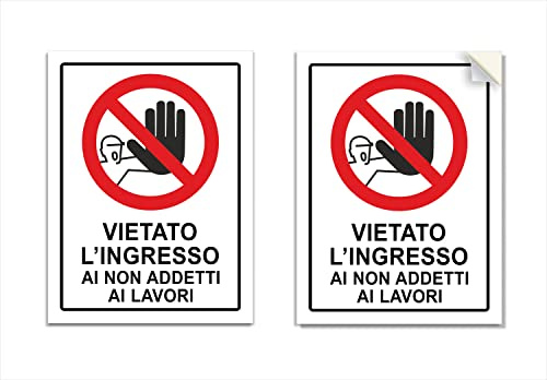 2 Adesivi Vietato l’ingresso ai non Addetti ai Lavori, mis.15x20 cm cartelli in vinile per porte, laminati Anti-UV, impermeabili, 2 pz.