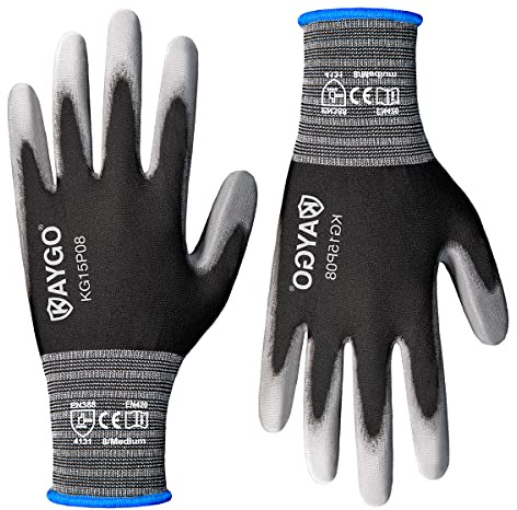 KAYGO Thin Work Gloves PU Coated 12 Pairs, KG15P, Nylon Liner with Flexible Polyurethane Coating Lightweight Safety Work Gloves for Precision Handling Work, DIY, Assembly, Warehouse (Black, M)