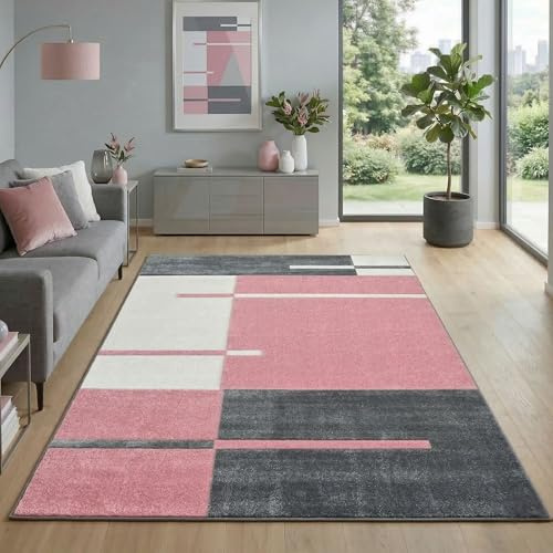 Carpetsale24 Teppich 240x340 cm XL Kurzflor Konturenschnitt in Pink Grau Weiß Kariertes Design, Extra Weich, Waschbar, Pflegeleicht Für Großes Wohnzimmer oder Esszimmer