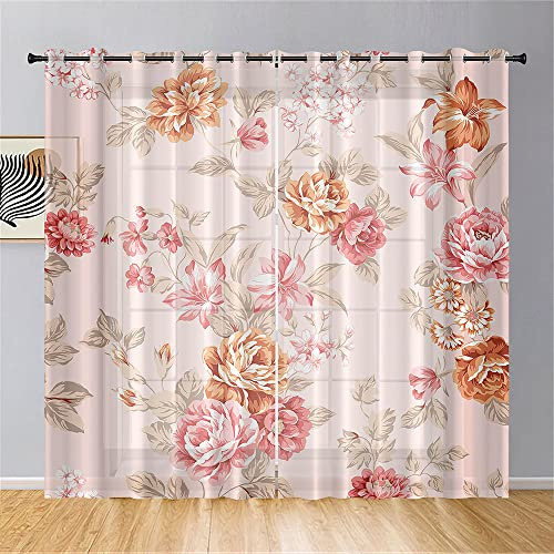 Hiseng Voile Vorhänge mit Ösen Durchsichtig Halbtransparent Ösenvorhang für Fenster Wohnzimmer Schlafzimmer Moderne und Elegante Transparent Gardine 2er Set (140x244cm,Elegante Pfingstrosenblüte)