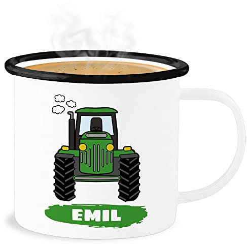 Emaille Becher Blechbecher - Traktor Trekker Buldog Schlepper - 300 ml - Weiß Schwarz - personalisierte tasse kita traktoren motiv trinkbecher kindertasse junge trecker und tassen mug tractor