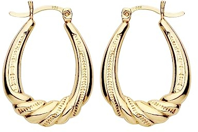 9ct Yellow Gold on Silver Oval Patterned Creole Hoop Earrings