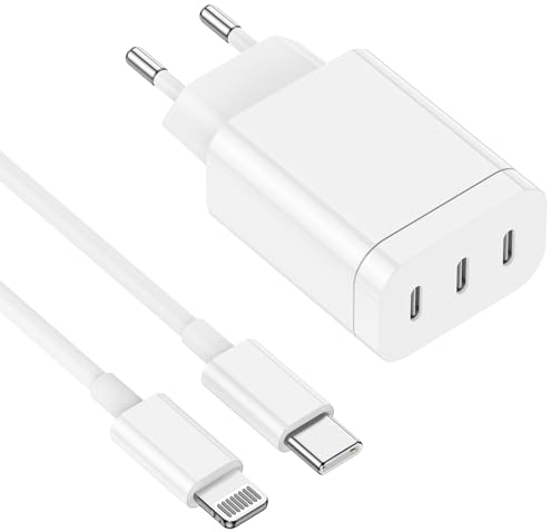 USB C Ladegerät, 3 Port Schnellladegerät, 【Apple MFi Zertifiziert】 24W USB C Netzteil Power Adapter mit 2M Lightning Ladekabel, Fast Charger für iPhone 14/13/12/11/Plus/Pro/Pro Max/SE/iPhone Mini