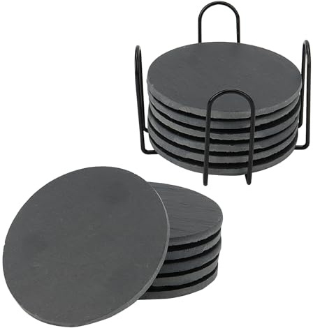 MUKCHAP 12 Stück 10 cm runde Schiefer Untersetzer Set mit Halter, schwarze Stein Untersetzer, Schieferbecher, Getränkeuntersetzer für Bar