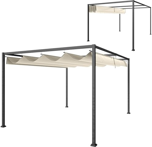 Outsunny Pérgola 3x2 m Cenador de Jardín Pabellón de Diseño Elegante con Techo Retráctil de Poliéster con Recubrimiento Resistente Anti-UV Impermeable para Celebraciones Fiestas Bodas Crema