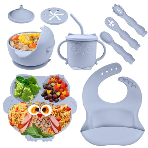 Bwaliffury Vajilla Bebe Silicona - 9 Piezas Con Platos y Cuencos, Infantil Antideslizante Con Ventosa, Set Platos Bebe Libre de BPA, para Bebés y Niños
