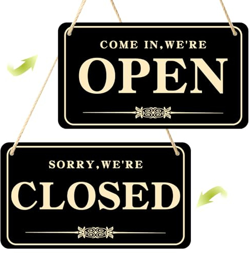 Cartello aperto chiuso, doppio lato da appendere, in PVC, con orari di apertura, per negozi, con corda per porta, ristorante, club, caffetteria, hotel (dorato)