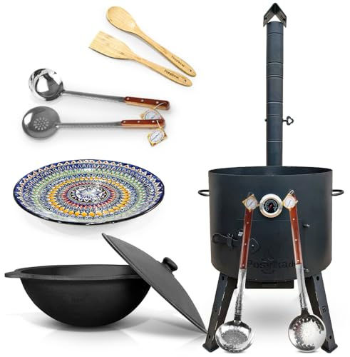 Utschak Feuerofen mit Thermometer Gusseisen Topf runder Boden mit Deckel (22 L) Holzlöffel, Schaumlöffel, Schöpfkelle, Spachtel aus Holz, Lagan KazanoFF, Учаг, Kazan (22F 1)