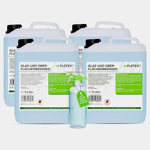 Flotex® Oberflächen- & Glasreiniger 4x5L für alle abwaschbaren Oberflächen I Gebrauchsfertiger Oberflächenreiniger & Fensterputzmittel mit Sprühflasche I Fensterreiniger für streifenfreie Sicht