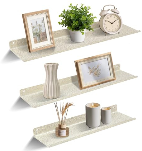 Uten Mensole da parete, mensole sospese in metallo, set da 3, mensole da parete per libri, decorazioni, soggiorno, camera da letto, bagno, cucina, Bianco con strisce d'oro