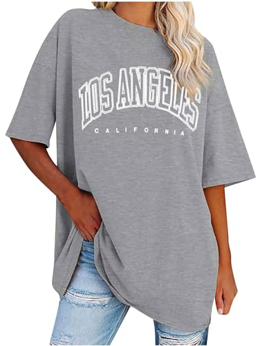 UHouse Tshirt Damen Elegant T Shirt Casual Longshirt Mode Motiv Bekleidung Los Angeles Oberteile Sommer Bluse Oberteile Frau Lockere Top Baumwolle Tee Shirts Blusen Grau M