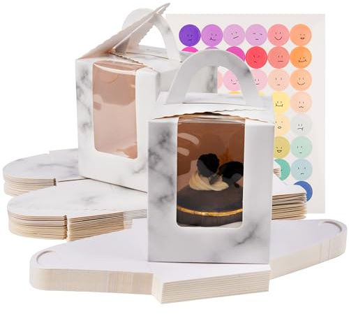 KEYIDO 30 Stk. Einzelne Cupcake-Schachteln, einzelne Cupcake-Schachteln, Marmormuster, 1-Loch-Kuchenschachtel mit durchsichtigen Fenstereinsätzen und 2 Bogen Aufklebern für Hochzeits-, Geburtstags
