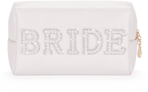 Braut Kosmetiktasche, Etercycle Bride to Be Geschenke Schminktasche, PU Reise Wasserdicht Make up Tasche Perle Brief Strass Waschtasche für Junggesellenabschied Frauen Hochzeit Brautparty(Silber)