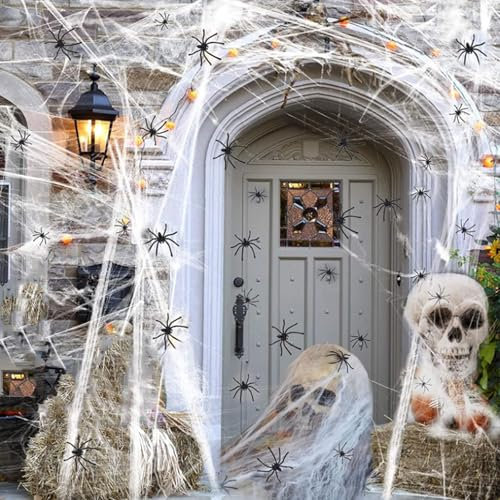 Tela de Araña de Halloween, 300g Tela de Araña con 60 arañas Negras, Decoración De Tela De Araña De Halloween, Decoración de Telaraña, para Halloween, Carnaval y Fiestas Temáticas