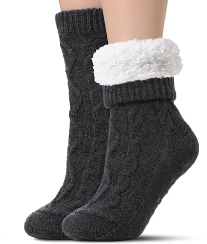 Tough Land Slipper Socks for Women with Grippers Non Slip, Sherpa Lined Cozy Fuzzy House Slipper Socks