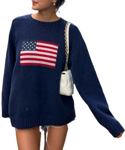 Caziffer Women American Flag Sweater Vintage Crewneck Jumper Top USA Knit Pullover Sweatshirt Preppy Striped Sweater (Deep Blue, S)