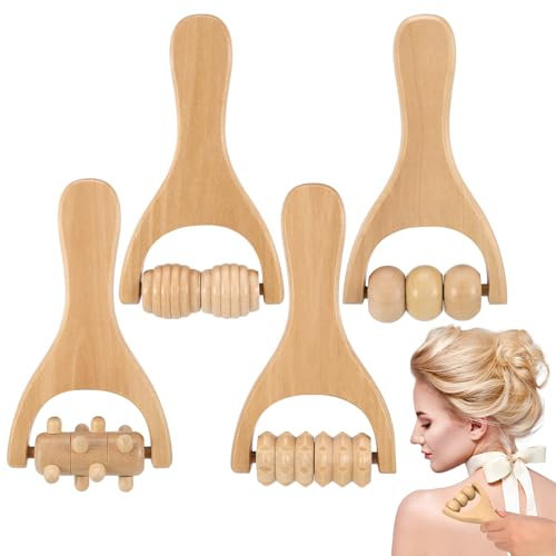 dusaniyali 4 Stück Massageroller Holz, Manuelle Holztherapie Massagewerkzeuge, Massageroller mit Griff Faszienrolle für Rücken,Beine,Nacken,Schultern