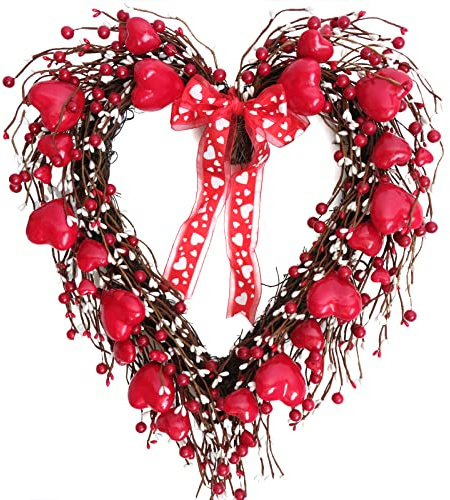 CIR OASES 18-inch Heart-shaped wreath Red berry Valentine's Day Wreath Wedding Birthday Party Floral Decoration Valentine's Day celebration Floral Patio hallway window floral Decoration