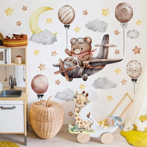 Wandsticker Teddybär, Wandtattoo Stern Mond Bär Auf Der Wolke Lichtfarbe Babyzimmer Wandaufkleber Selbstklebend Kinderzimmer Tiere für Mädchen Junge Schlafzimmer Wanddeko Schrank Deko (002)