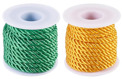 PandaHall - 2 rotoli di cordoncino intrecciato in poliestere dorato macramè da 5 mm, a 3 strati, verde, decorativo, per tende, fermatende, borse, decorazioni natalizie