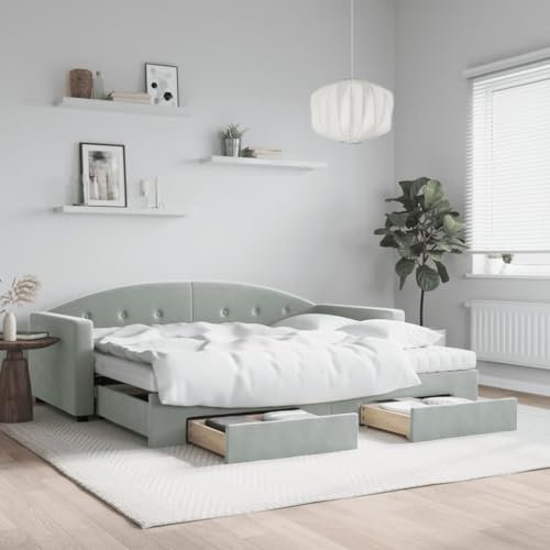Hommdiy Tagesbett,Sofabett,Einzelbett,Schlafsofa Bettgestell mit Lattenrost,Jugendbett,Ausziehbar,Daybett Hellgrau 90x200 cm Samt mit Bettkasten & Schublade & Matratze
