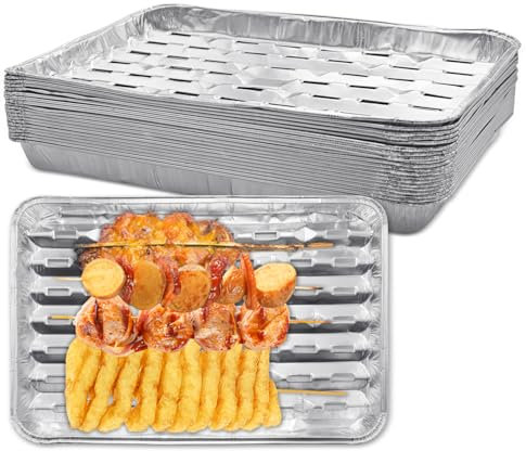 Aleker Pack of 20 Foil Trays BBQ, 34.5 x 22 x 2.8cm BBQ Trays,Large Aluminum Foil Drip Cooking Trays,Disposable BBQ Oil Drip Pans for Outdoor,Perforated Grill Tray,Grill Accessories for Oven&Charcoal