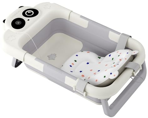 FIVMEN Bañera de bebé plegable Bañera para bebés con estructura, termómetro y cojín de baño, antideslizante, portátil, para recién nacidos, panda