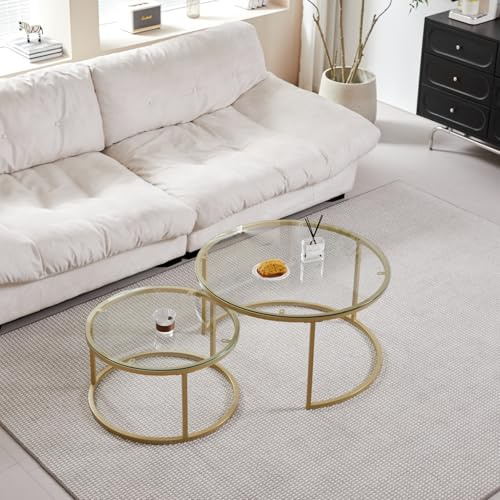 GrandCA HOME Lot de 2 Tables Basses empilables, Rondes, Plateau en Verre trempé, Pieds en métal doré, Convient pour Salon, Salle à Manger, café (diamètre 80 x 45 cm, diamètre 60 x 35 cm)