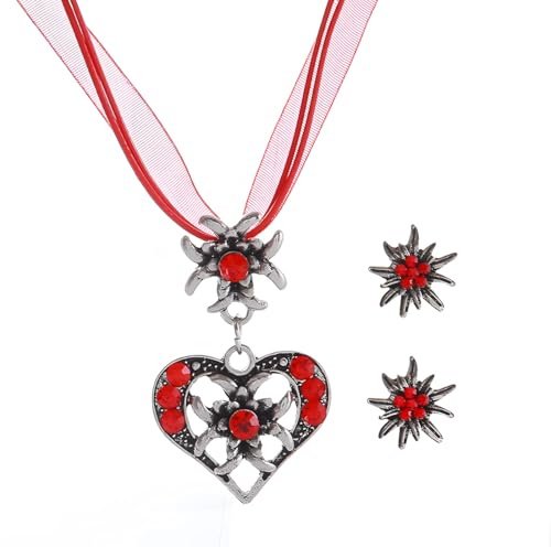 OHREN 3 Stück Trachtenschmuck Set Bayerisch Dirndlschmuck Trachtenkette mit Strass Edelweiß Herz Anhänger und Edelweiß Ohrstecker für Damen Bierfest Trachten Dirndl Outfit Accessoires (Rot)