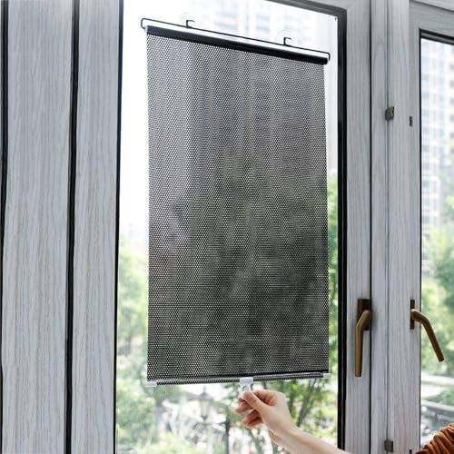 Parasol retráctil con ventosas,Persiana Enrollable Negro TelescóPica Cortinas Opacas Ajustables Estor PVC Blackout,para Ventanas y Puerta (58×125cm)